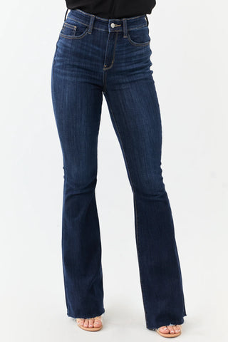 Judy Blue Skyline Raw Hem Flares in Dark Denim