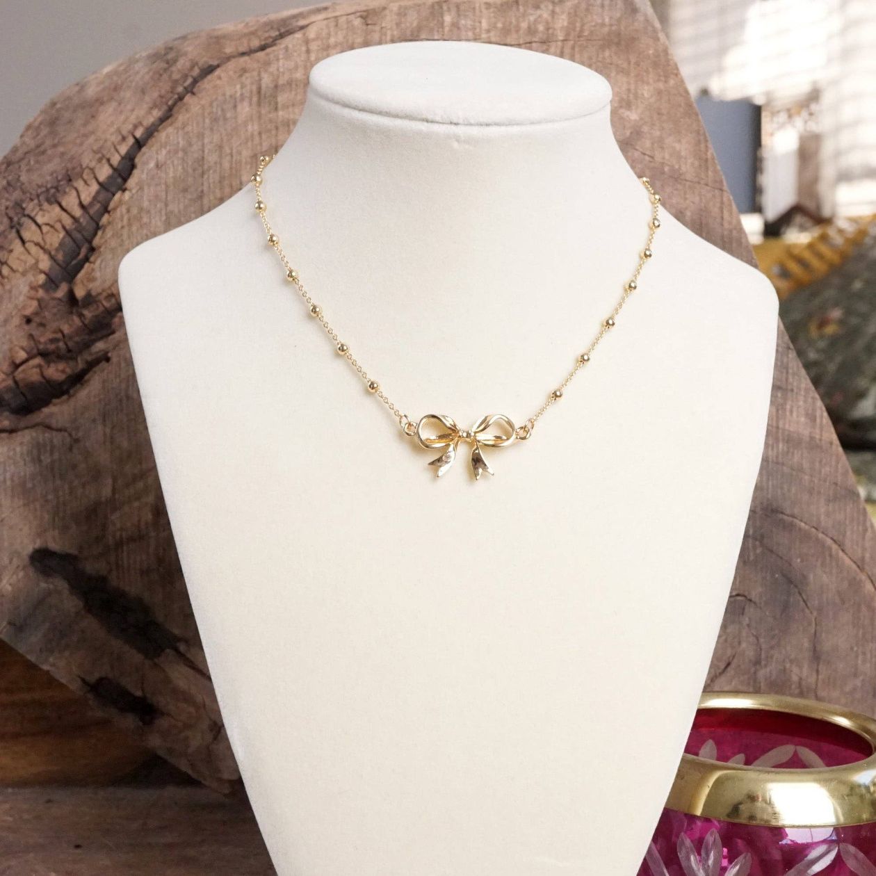 Fancy Bow Necklace - Short Dainty Station Chain in Gold Tone
