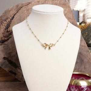 Fancy Bow Necklace - Short Dainty Station Chain in Gold Tone