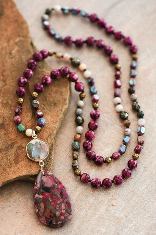 Stone Beaded Long Necklace, Large Stone Pendant