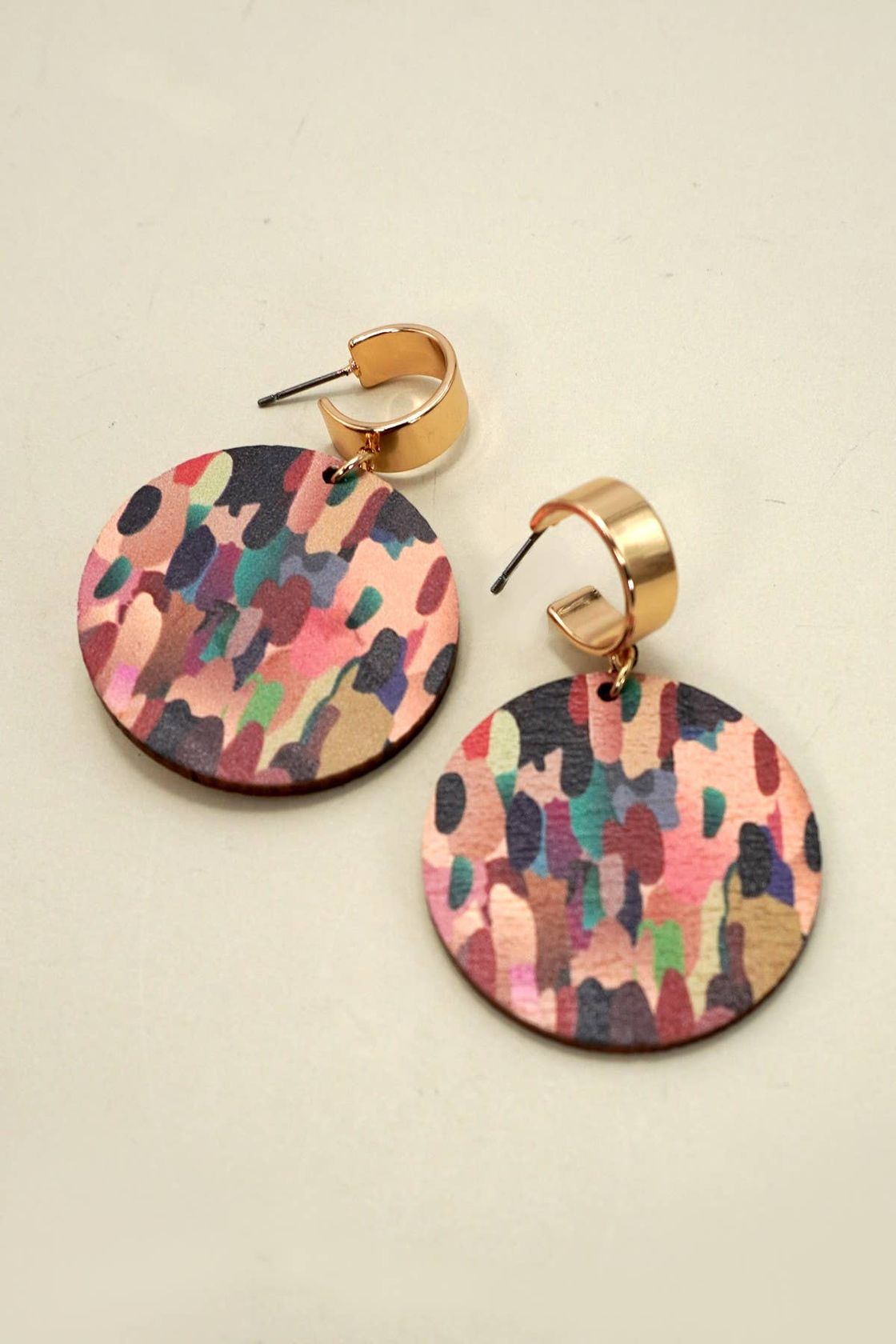 Camo Print Wood Circle Drop Hoop Earrings