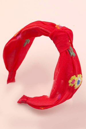 Red Floral Embroidery Knotted Head Band