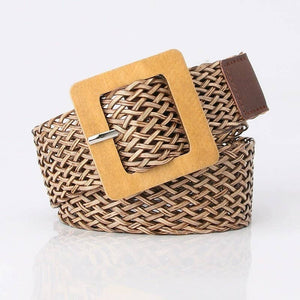 Wood Buckle Braided Rectangle Leather Belt