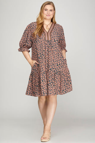 The Cambria Patchwork Puff Sleeve Dress