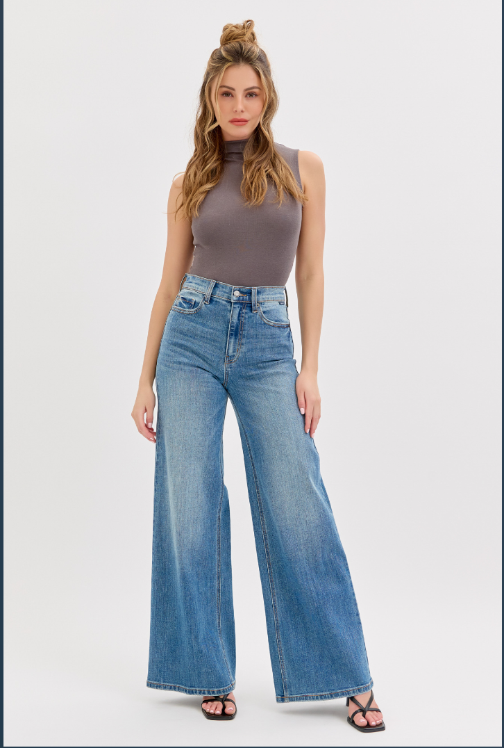 The Sarah High-Rise Wide Leg Jeans – Medium Wash Stretch Denim, 33" Inseam