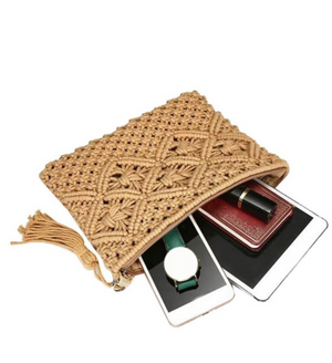 Woven bohemian tassel crochet clutch
