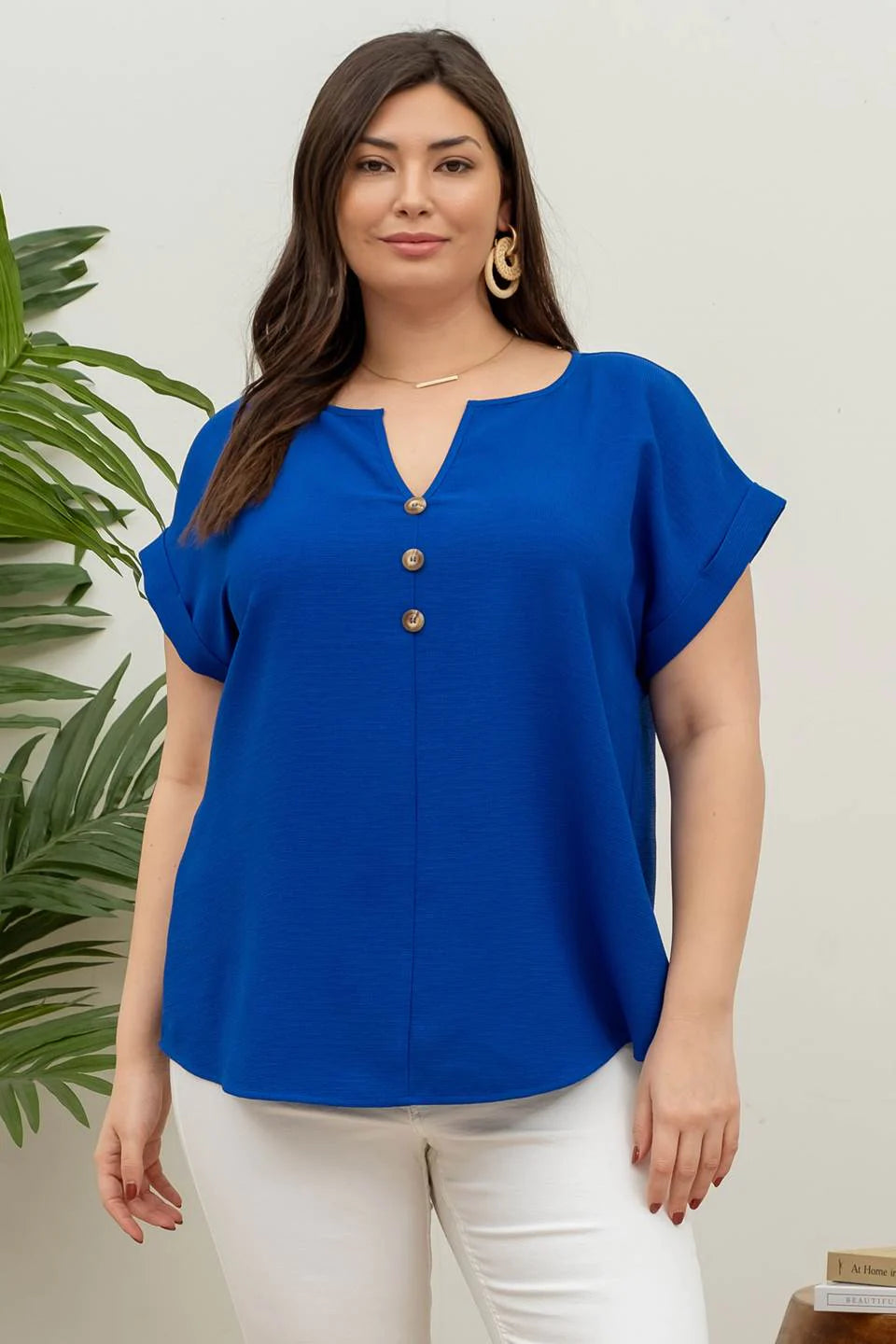 Royal Blue Button Front Top in Curvy