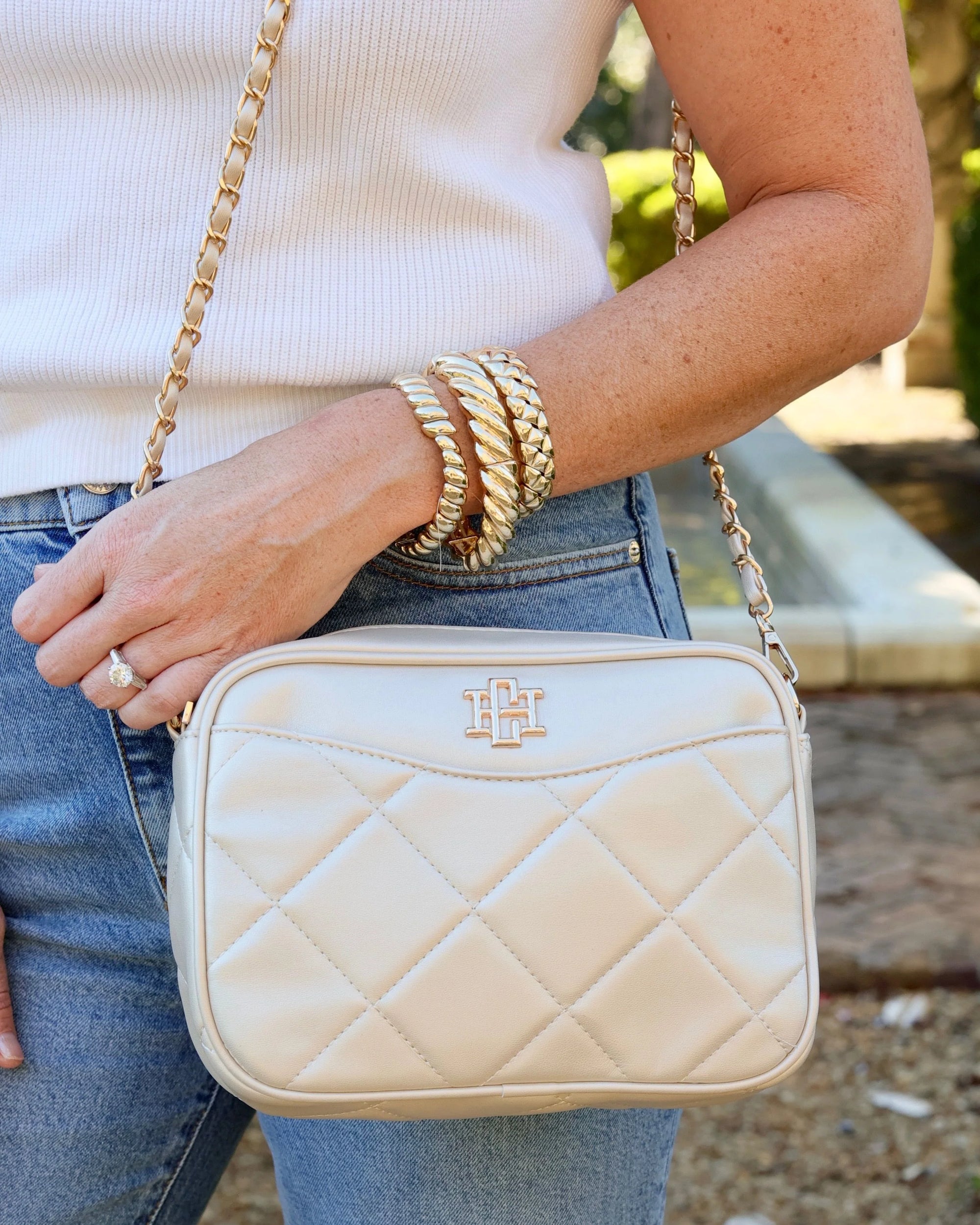 Fiona Quilted Crossbody in Pearl