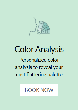 Color analysis service banner with face and color palette icon, personalized palette text, and book now button on mint green background.