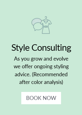 Style consulting service banner with dress and chat bubble icon, styling advice text, and book now button on mint green background.