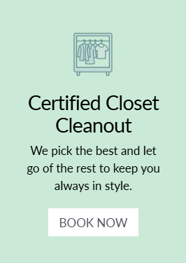 Certified closet cleanout service banner with clothing rack icon, style message, and book now button on mint green background.