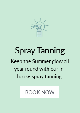Spray tanning service banner with spray bottle icon, summer glow text, and book now button on mint green background.