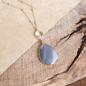 Boho Minimal Long Necklace with Teardrop Natural Stone Pendant – Gray and Worn Gold Tone (Copy)