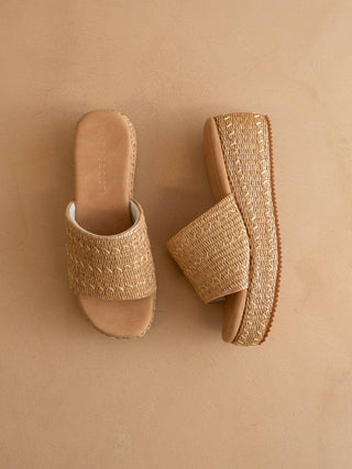 The Taniya | Toffee Embroidered Raffia Platform Slide