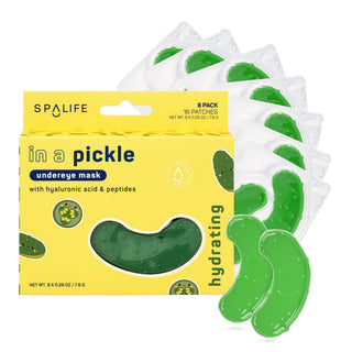 Spalife undereye mask packaging box in yellow with green gel patches shown in front and behind on a pink background.