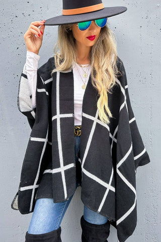 Black Grey Dual-Tone Check Printed Cozy Reversible Ruana