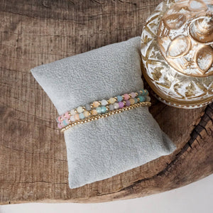 Small Gold tone and Glass beads bracelet stack of 3 bracelets - Pink, Mint or Multi