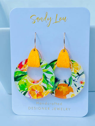 Citrus Lemon Print Stirrup Hoop Earrings 