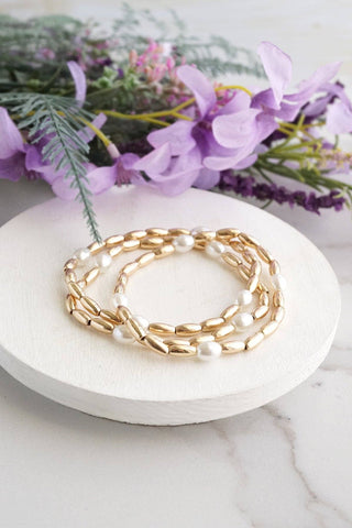 Gold Tone and Pearls Beaded Bracelet -Stack of 3