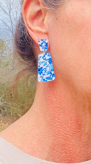 GEO VINTAGE BLUE FLORAL EARRINGS