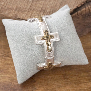 Cross bracelet in Worn Silver or Gold tone boho style