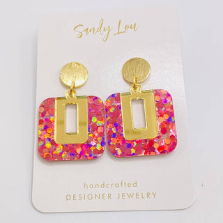 Be Squared Pink Holographic Glitter and Gold Earrings 