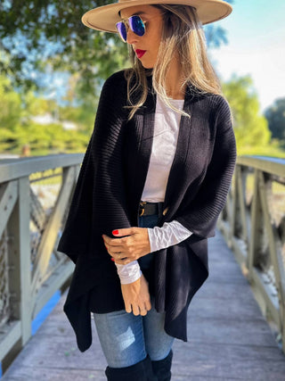 Classic Black Ribbed Knit Ruana with Button
