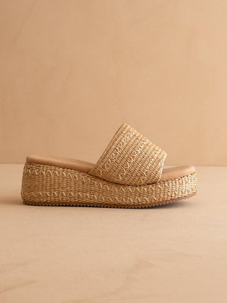 The Taniya | Toffee Embroidered Raffia Platform Slide