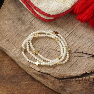 Mini Sideways Cross and Pearls Bracelet Stack Pearls