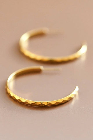 Gold hoop earrings on a beige background