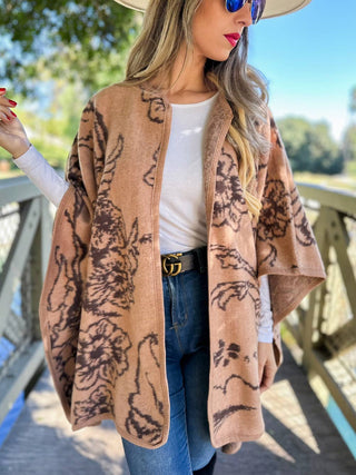 Elegant Floral Print Cape in Camel