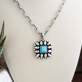 Desert Bloom – Square Concho Pendant Necklace in Worn Silver