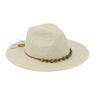 Turquoise Stone Band Straw Summer Fedora Hat: Tan or Stone