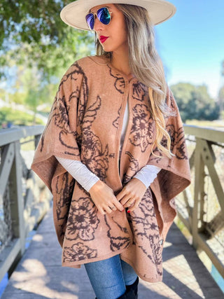 Elegant Floral Print Cape in Camel
