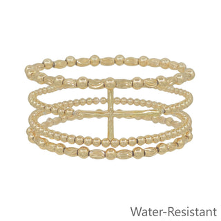 Gold beaded bracelet on a white background with 'Water-Resistant' text.