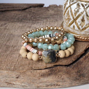 Boho Beaded Bracelets Set Semi Precious Center Stone Wood Glass Clay Beads Aqua Blue Gray and Gold