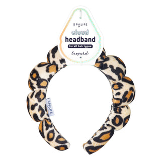 A plush cloud-shaped headband in a leopard print pattern, attached to its original retail hanger. The brand name 'SPALIFE' is visible on both the hanger and the small fabric tag on the side.