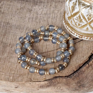Glass Beaded Bracelet Stack with Worn Gold Accents – Green, Cream, or Gray