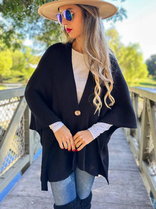 Classic Black Ribbed Knit Ruana with Button