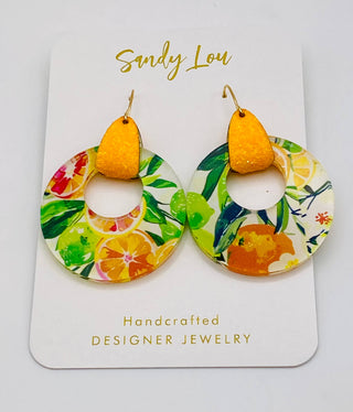 Citrus Lemon Print Stirrup Hoop Earrings 