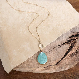 Boho Minimal Long Necklace with Teardrop Natural Stone Pendant – Worn Gold Tone