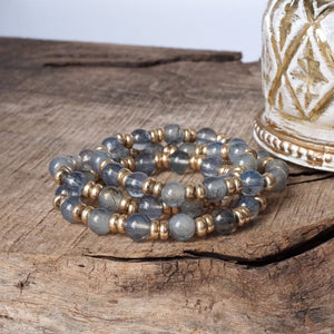 Glass Beaded Bracelet Stack with Worn Gold Accents – Green, Cream, or Gray
