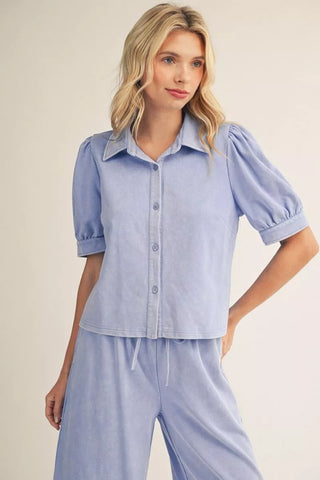 Washed Puff Sleeve Button Down Top