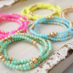 Colorful and Gold tone beaded bracelet stack of 4 bracelets