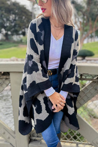 Black Leopard Printed Knitted Cozy Kimono Cardigan