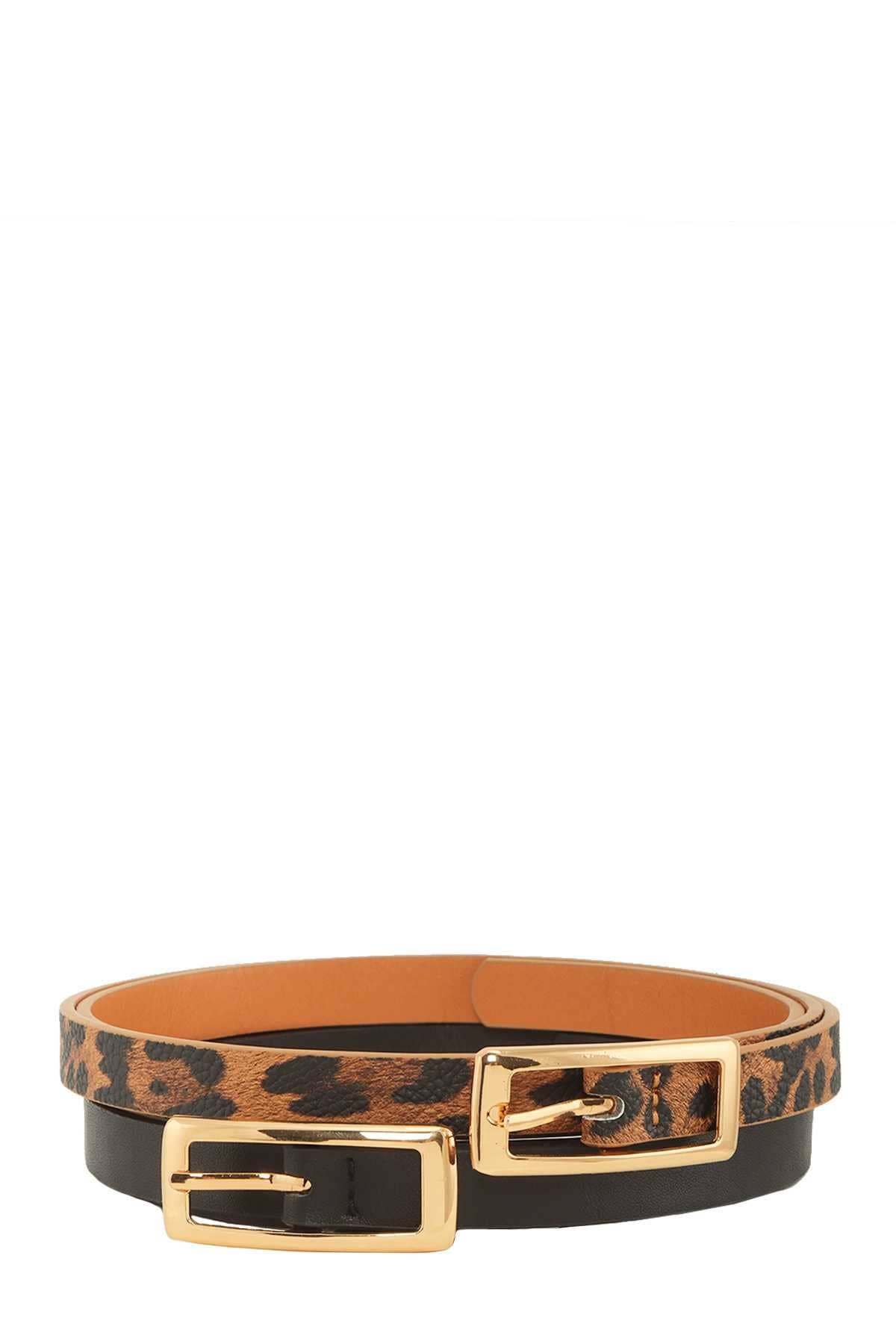 2 Piece Skinny Belt Set  - Animal Print and Black
