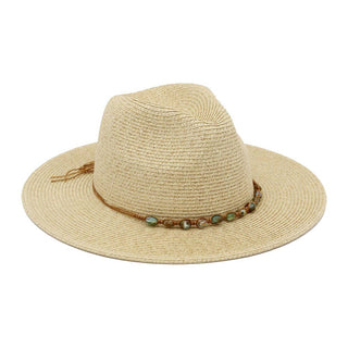 Turquoise Stone Band Straw Summer Fedora Hat: Tan or Stone
