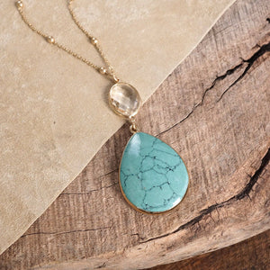 Boho Minimal Long Necklace with Teardrop Natural Stone Pendant – Worn Gold Tone