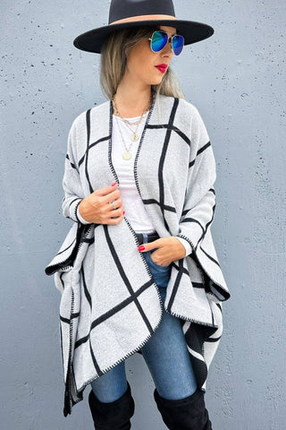Black Grey Dual-Tone Check Printed Cozy Reversible Ruana