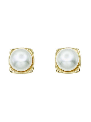A pair of gold square stud earrings with round white pearl centers, shown on a plain white background.